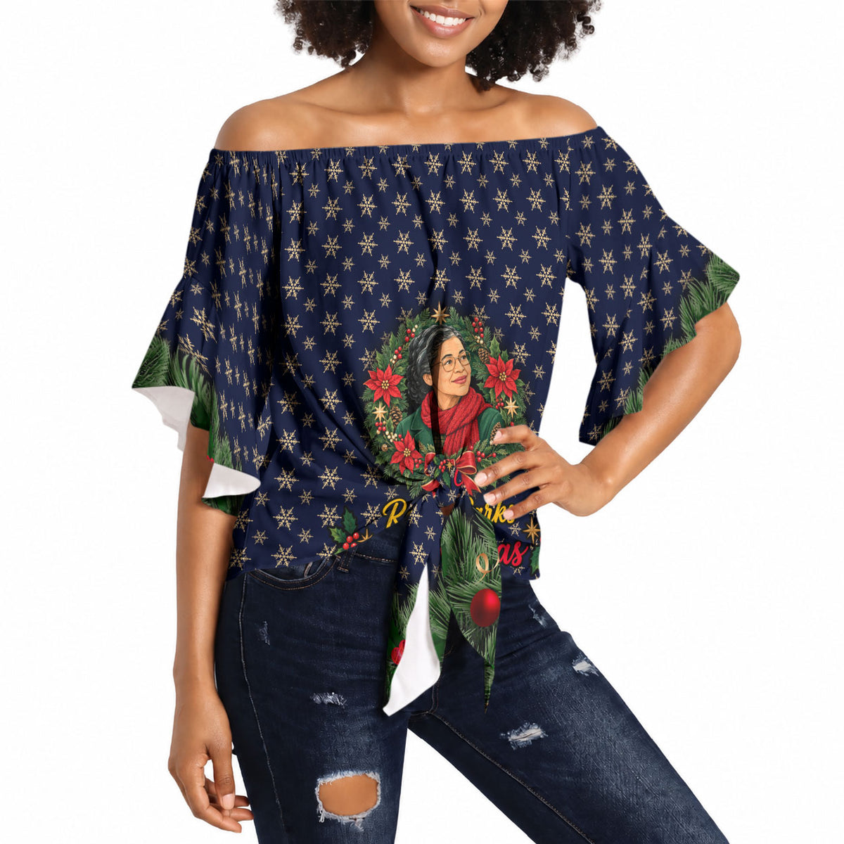 Rosa Parks Christmas Off Shoulder Wrap Waist Top Freedom Bus Wreath Vintage Festive Holiday