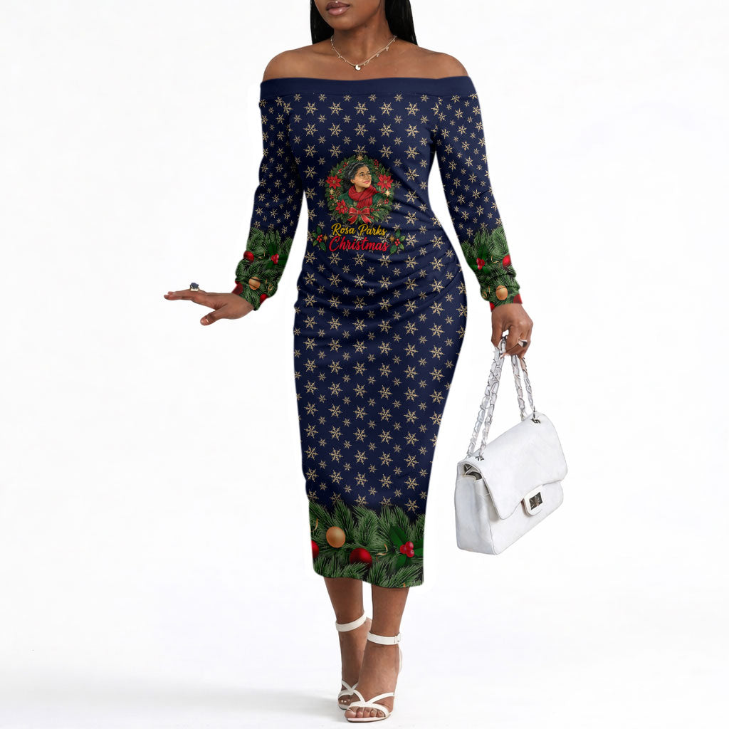Rosa Parks Christmas Off The Shoulder Long Sleeve Dress Freedom Bus Wreath Vintage Festive Holiday