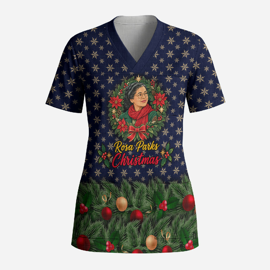 Rosa Parks Christmas Scrub Top Freedom Bus Wreath Vintage Festive Holiday