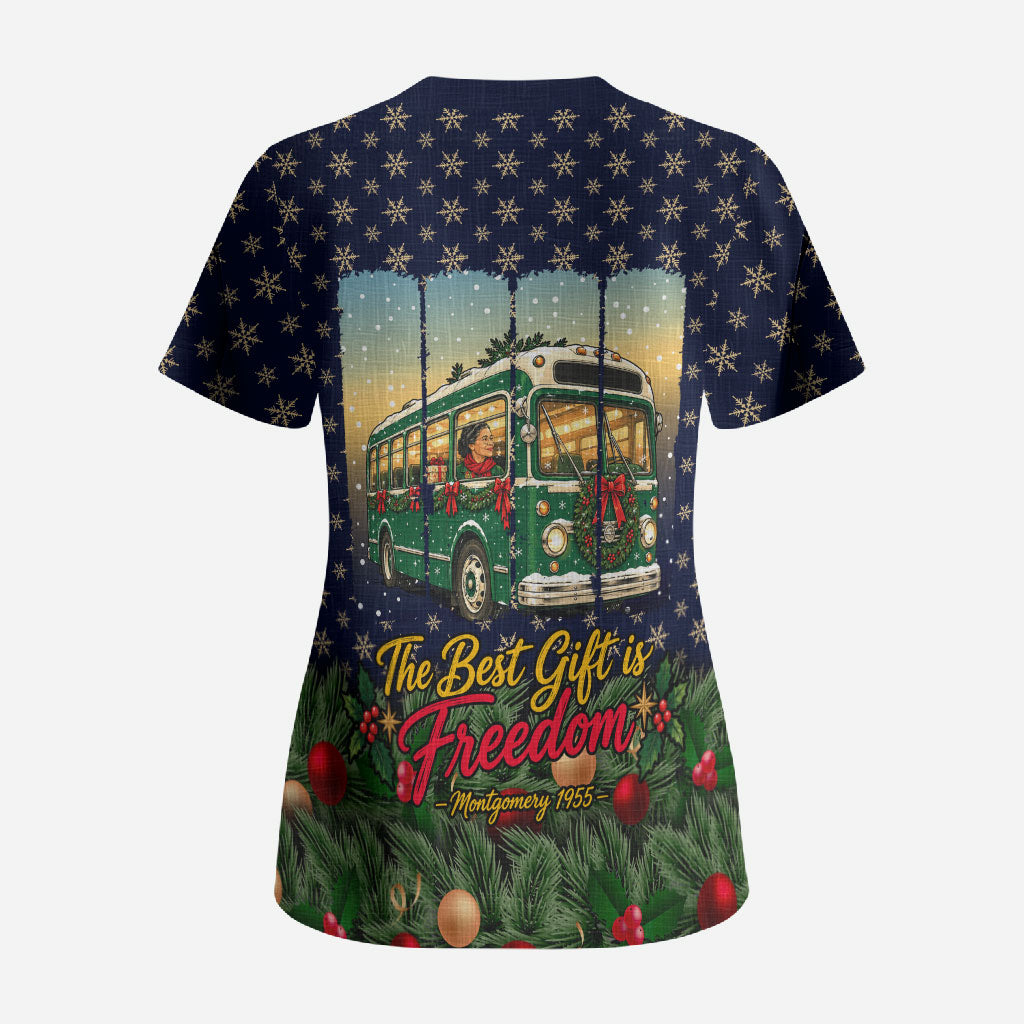 Rosa Parks Christmas Scrub Top Freedom Bus Wreath Vintage Festive Holiday