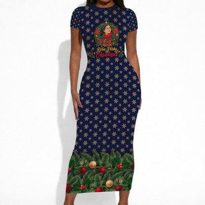 Rosa Parks Christmas Short Sleeve Bodycon Dress Freedom Bus Wreath Vintage Festive Holiday