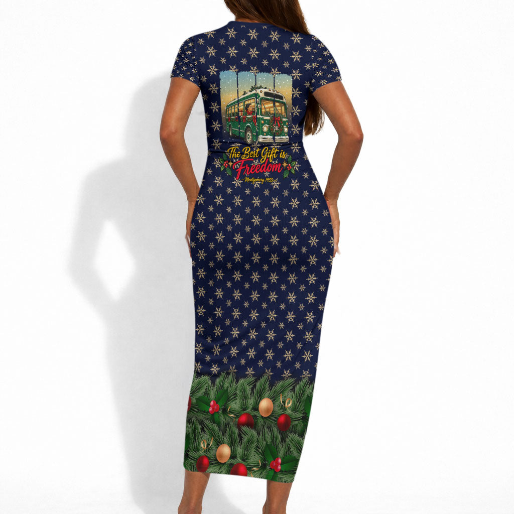 Rosa Parks Christmas Short Sleeve Bodycon Dress Freedom Bus Wreath Vintage Festive Holiday