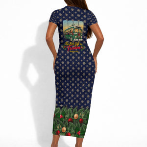 Rosa Parks Christmas Short Sleeve Bodycon Dress Freedom Bus Wreath Vintage Festive Holiday
