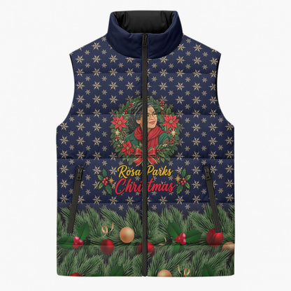 Rosa Parks Christmas Sleeveless Puffer Jacket Freedom Bus Wreath Vintage Festive Holiday