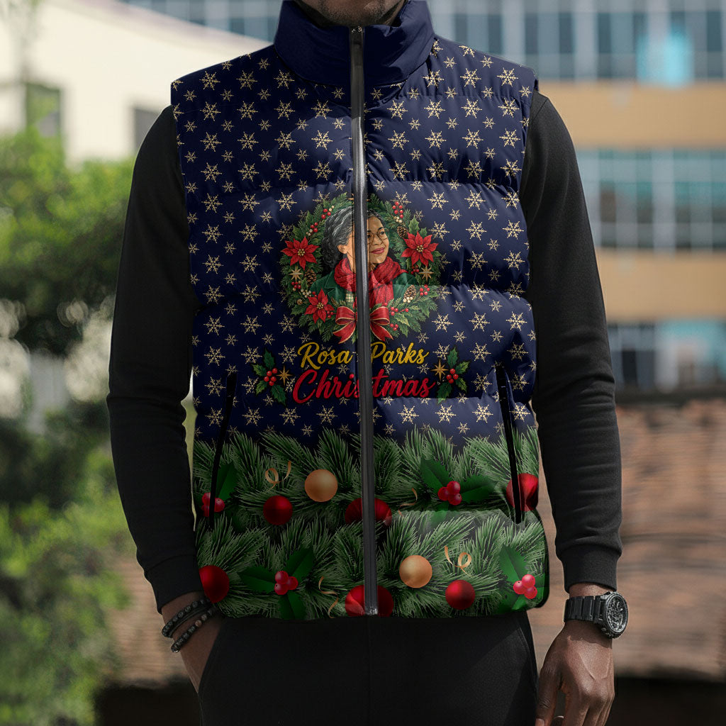 Rosa Parks Christmas Sleeveless Puffer Jacket Freedom Bus Wreath Vintage Festive Holiday