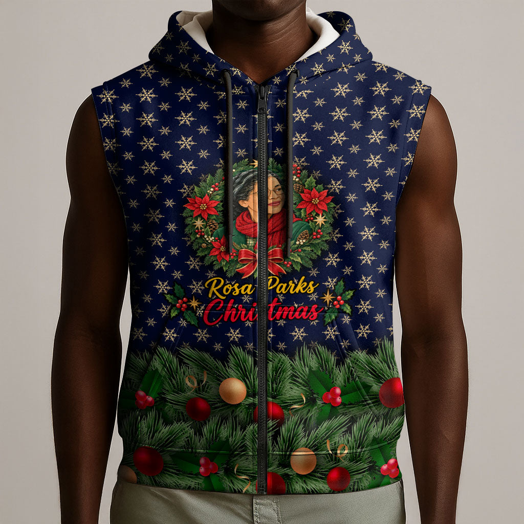 Rosa Parks Christmas Sleeveless Zip Hoodie Freedom Bus Wreath Vintage Festive Holiday