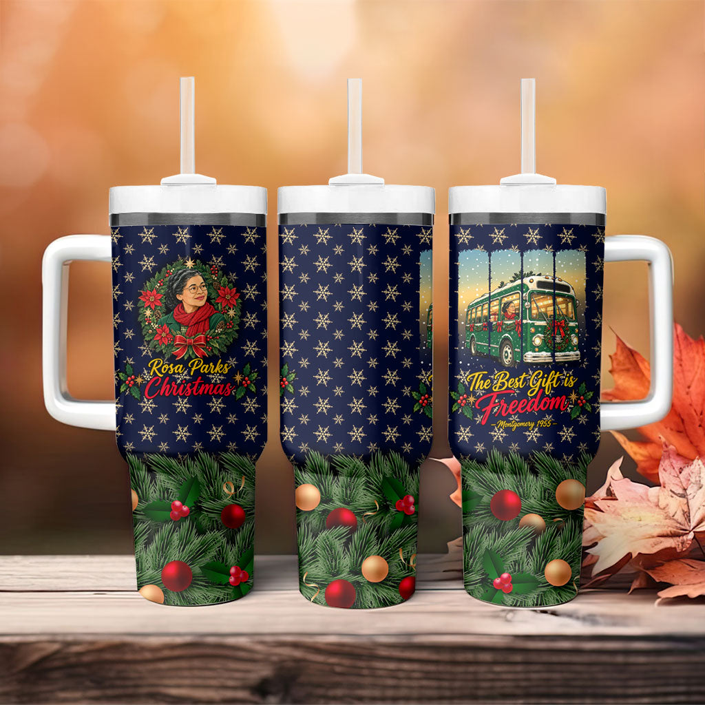 Rosa Parks Christmas Tumbler With Handle Freedom Bus Wreath Vintage Festive Holiday