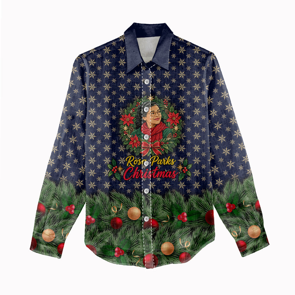 Rosa Parks Christmas Women Casual Shirt Freedom Bus Wreath Vintage Festive Holiday