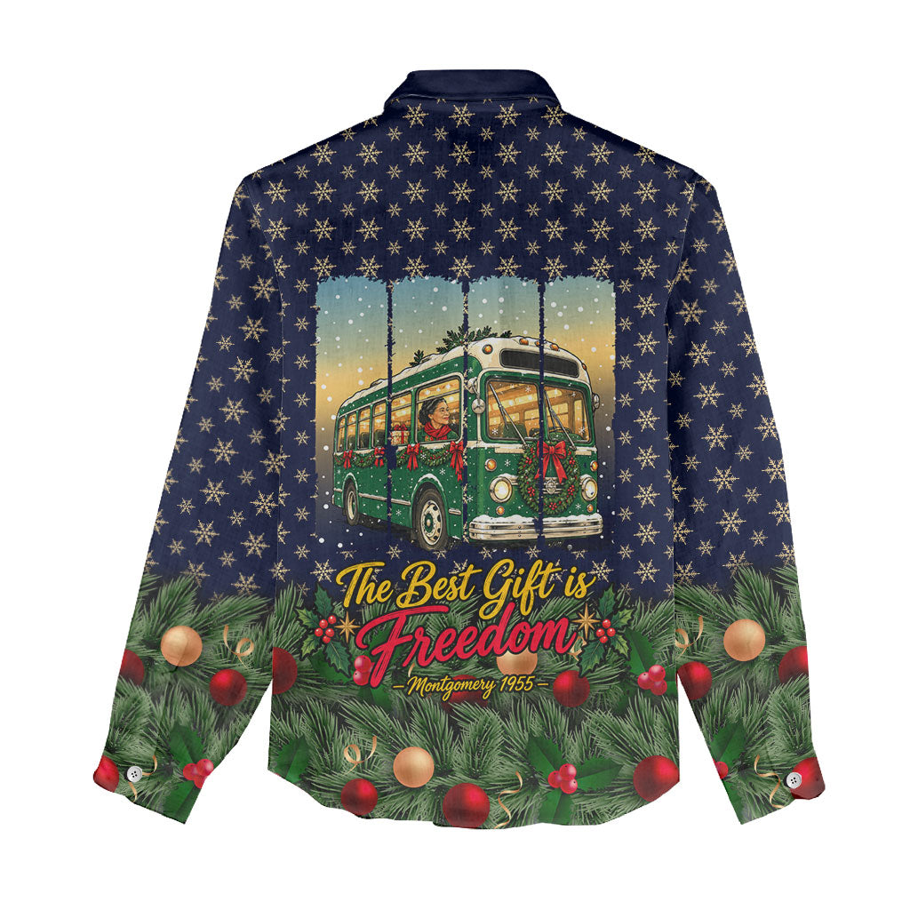 Rosa Parks Christmas Women Casual Shirt Freedom Bus Wreath Vintage Festive Holiday