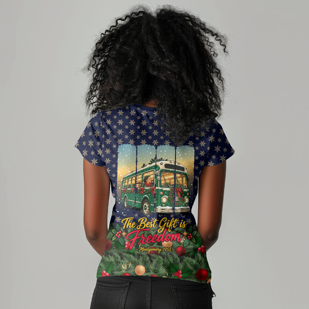 Rosa Parks Christmas Women V-Neck T-Shirt Freedom Bus Wreath Vintage Festive Holiday