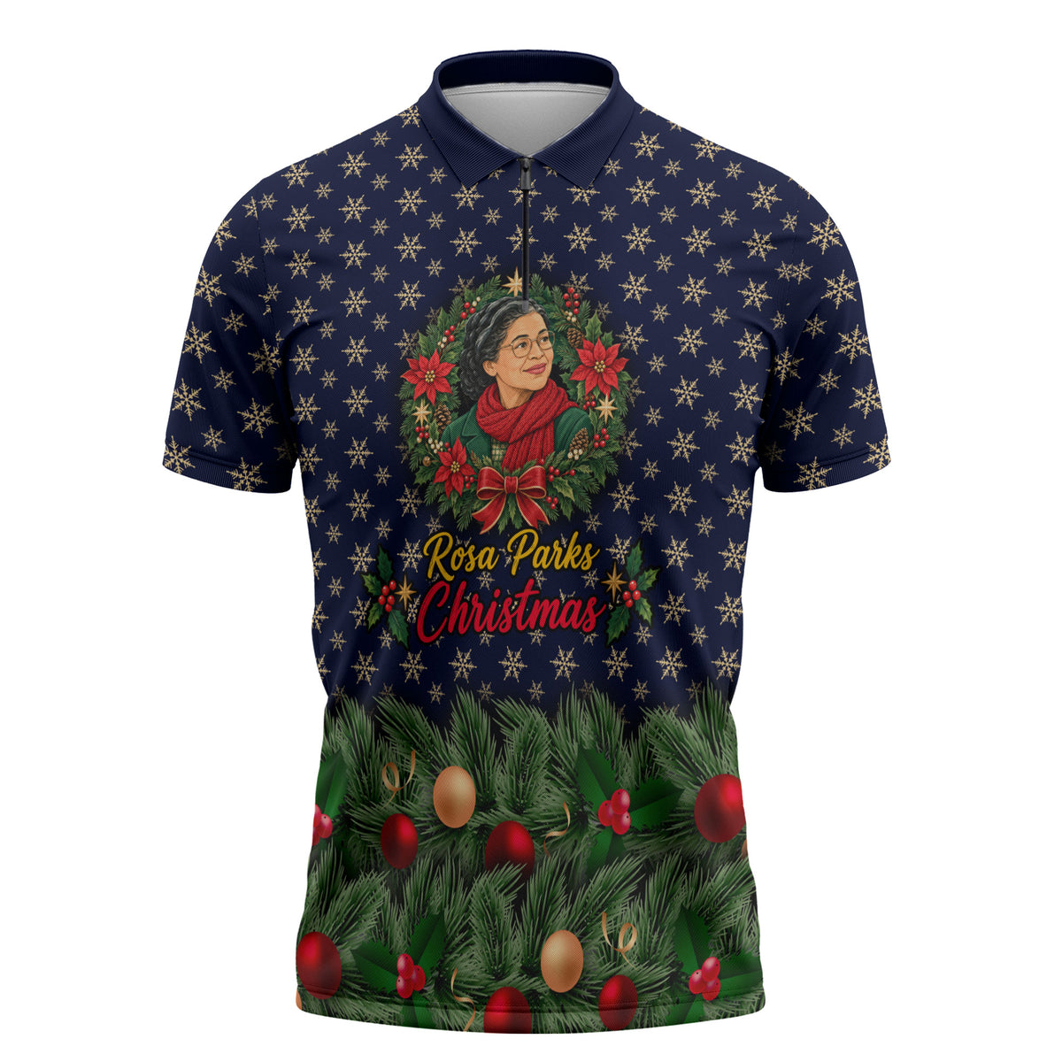 Rosa Parks Christmas Zipper Polo Shirt Freedom Bus Wreath Vintage Festive Holiday
