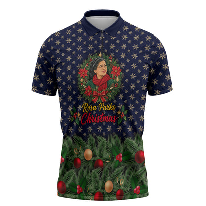 Rosa Parks Christmas Zipper Polo Shirt Freedom Bus Wreath Vintage Festive Holiday