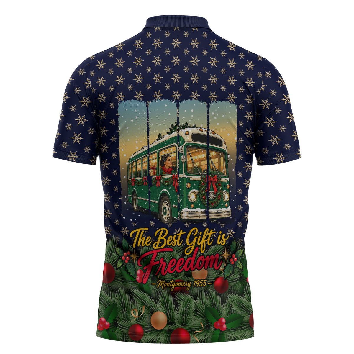 Rosa Parks Christmas Zipper Polo Shirt Freedom Bus Wreath Vintage Festive Holiday