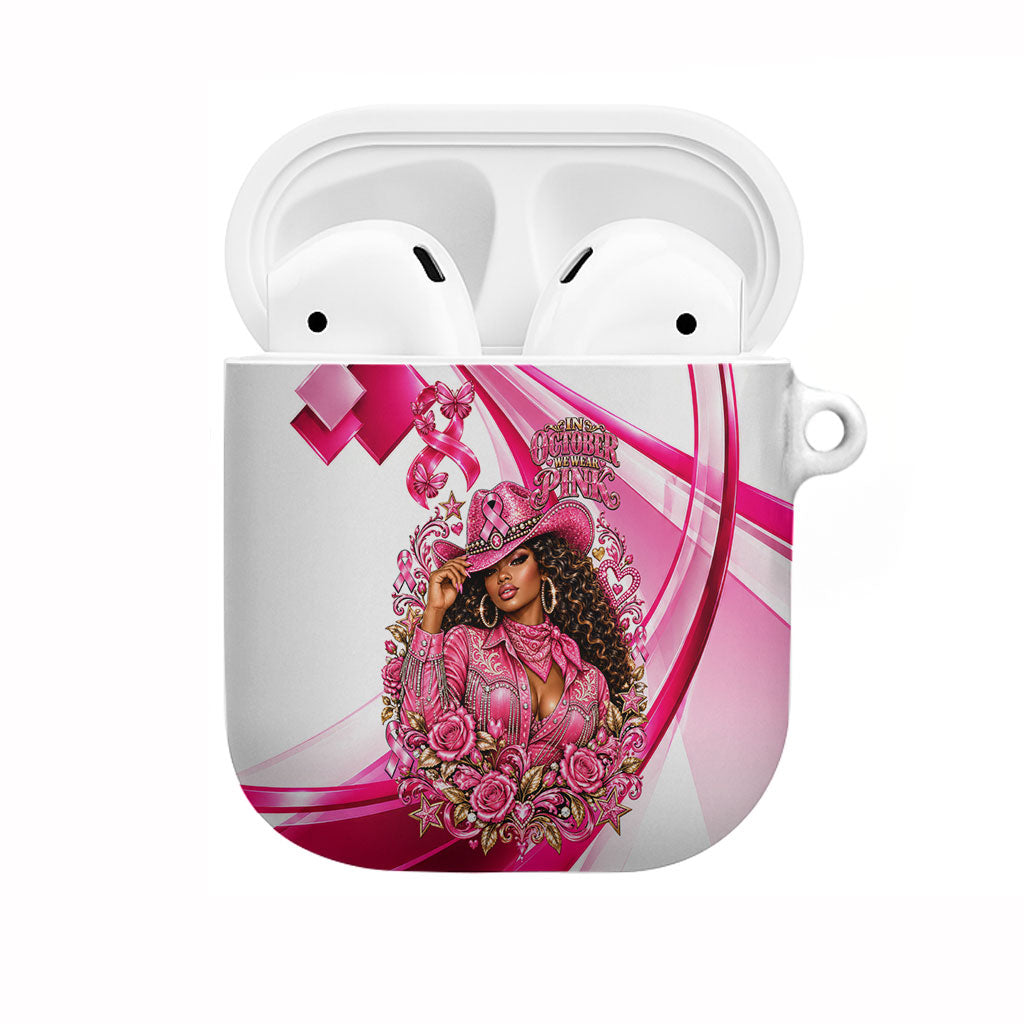 Black Cowgirl Breast Cancer Awareness AirPods Case Western Pink Ribbon Butterfly Rose - In October We Wear Pink