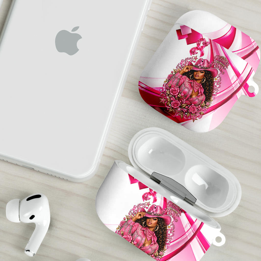 Black Cowgirl Breast Cancer Awareness AirPods Case Western Pink Ribbon Butterfly Rose - In October We Wear Pink