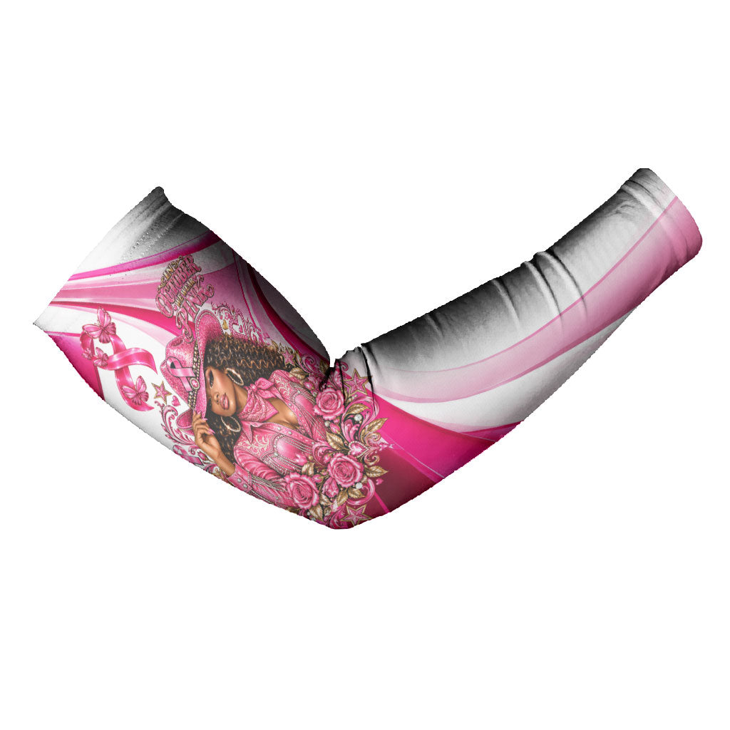 Black Cowgirl Breast Cancer Awareness Arm Sleeves Western Pink Ribbon Butterfly Rose - In October We Wear Pink