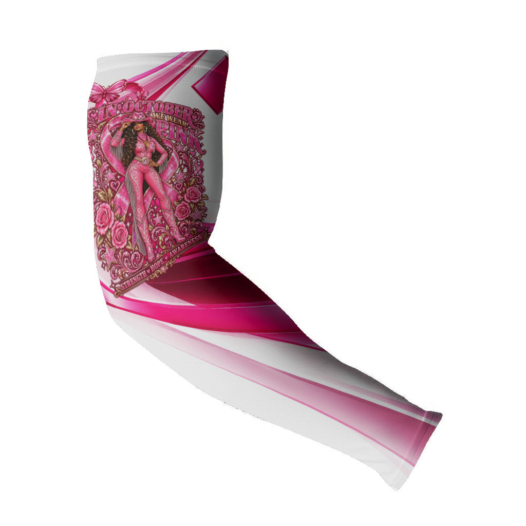 Black Cowgirl Breast Cancer Awareness Arm Sleeves Western Pink Ribbon Butterfly Rose - In October We Wear Pink