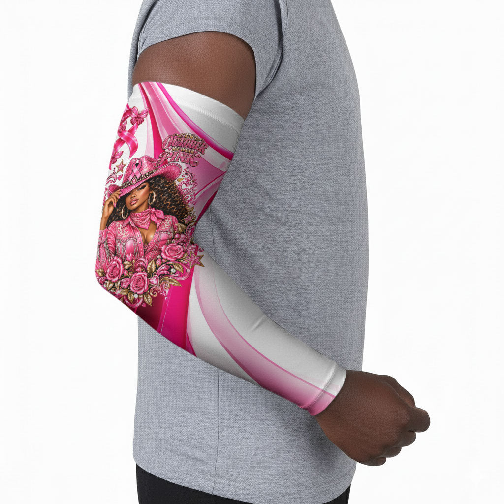 Black Cowgirl Breast Cancer Awareness Arm Sleeves Western Pink Ribbon Butterfly Rose - In October We Wear Pink