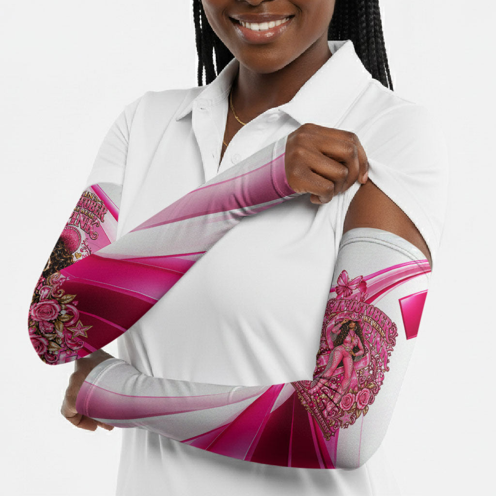 Black Cowgirl Breast Cancer Awareness Arm Sleeves Western Pink Ribbon Butterfly Rose - In October We Wear Pink