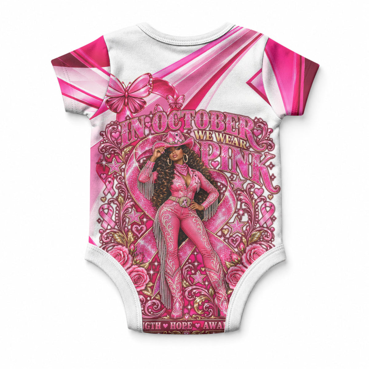 Black Cowgirl Breast Cancer Awareness Baby Onesie Western Pink Ribbon Butterfly Rose - In October We Wear Pink