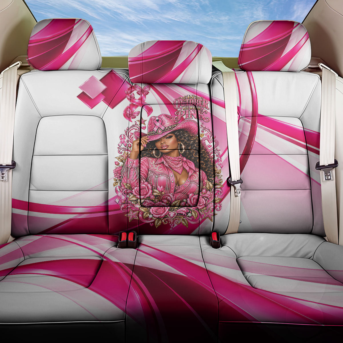Black Cowgirl Breast Cancer Awareness Back Car Seat Cover Western Pink Ribbon Butterfly Rose - In October We Wear Pink