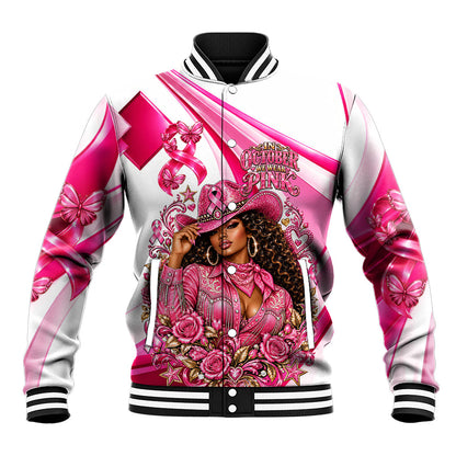 Black Cowgirl Breast Cancer Awareness Baseball Jacket Western Pink Ribbon Butterfly Rose - In October We Wear Pink