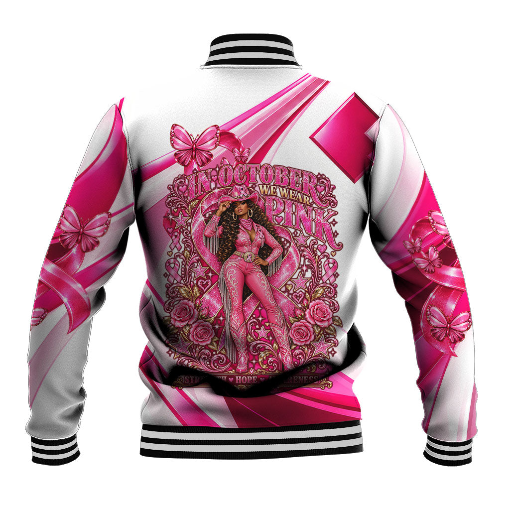 Black Cowgirl Breast Cancer Awareness Baseball Jacket Western Pink Ribbon Butterfly Rose - In October We Wear Pink