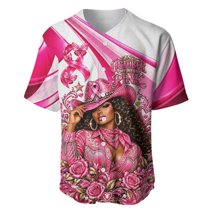 Black Cowgirl Breast Cancer Awareness Baseball Jersey Western Pink Ribbon Butterfly Rose - In October We Wear Pink