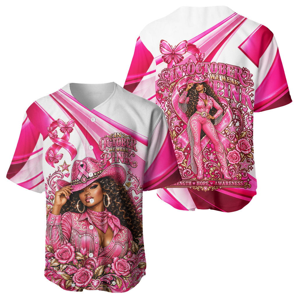 Black Cowgirl Breast Cancer Awareness Baseball Jersey Western Pink Ribbon Butterfly Rose - In October We Wear Pink