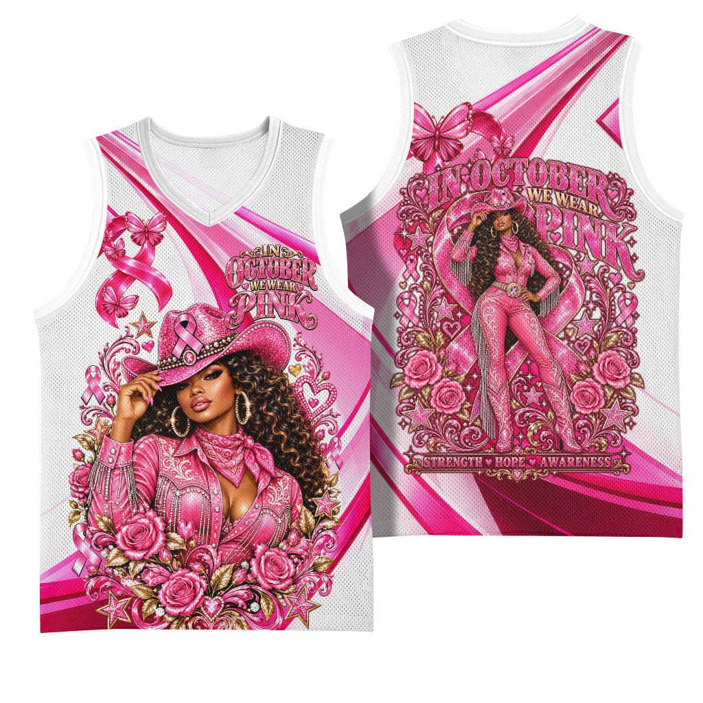 Black Cowgirl Breast Cancer Awareness Basketball Jersey Western Pink Ribbon Butterfly Rose - In October We Wear Pink