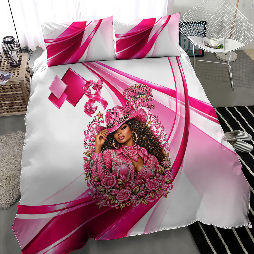 Black Cowgirl Breast Cancer Awareness Bedding Set Western Pink Ribbon Butterfly Rose - In October We Wear Pink