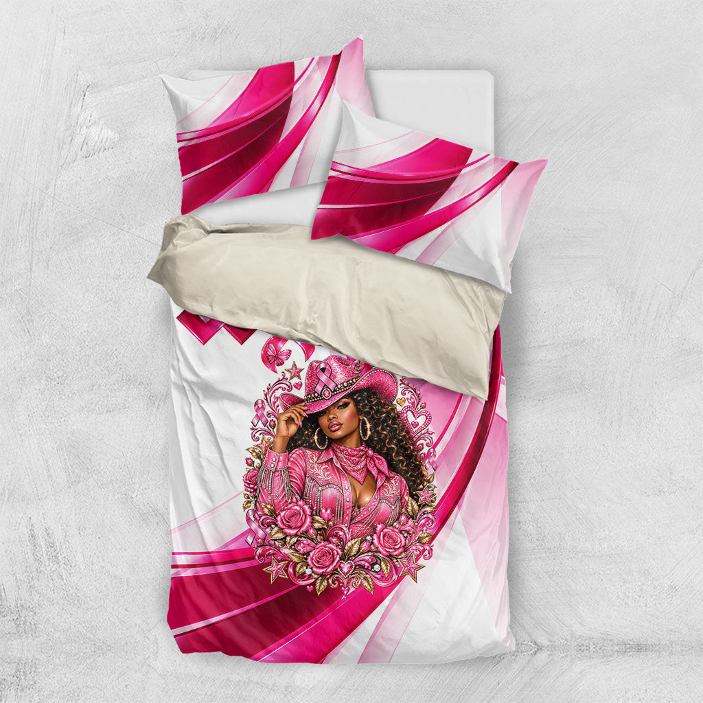 Black Cowgirl Breast Cancer Awareness Bedding Set Western Pink Ribbon Butterfly Rose - In October We Wear Pink