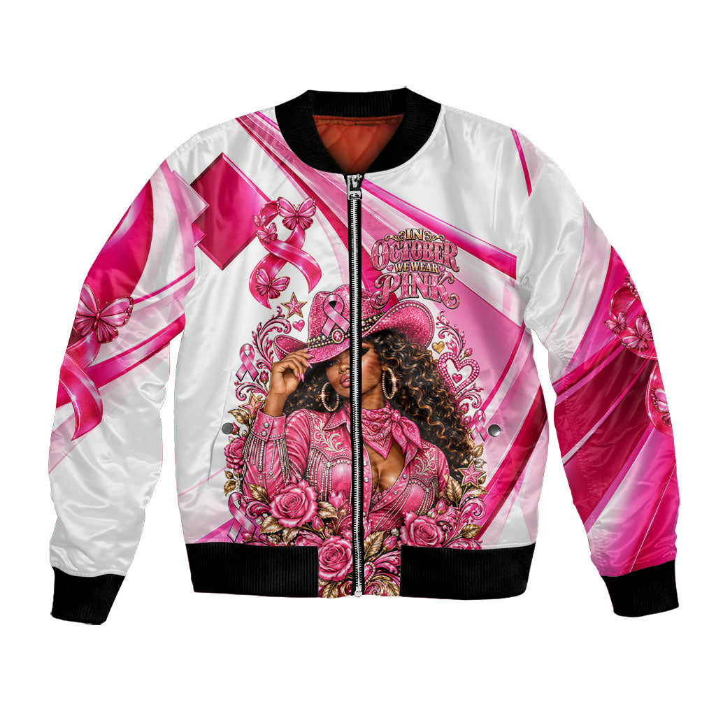 Black Cowgirl Breast Cancer Awareness Bomber Jacket Western Pink Ribbon Butterfly Rose - In October We Wear Pink