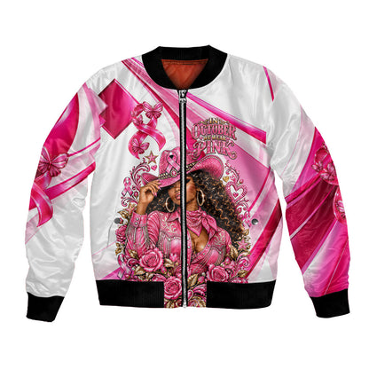 Black Cowgirl Breast Cancer Awareness Bomber Jacket Western Pink Ribbon Butterfly Rose - In October We Wear Pink