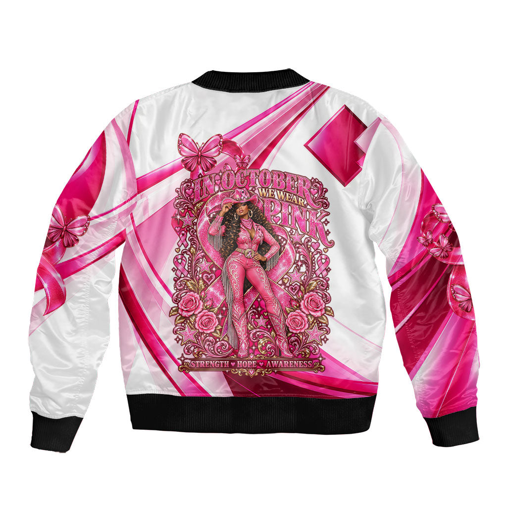 Black Cowgirl Breast Cancer Awareness Bomber Jacket Western Pink Ribbon Butterfly Rose - In October We Wear Pink