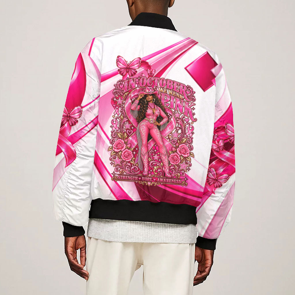 Black Cowgirl Breast Cancer Awareness Bomber Jacket Western Pink Ribbon Butterfly Rose - In October We Wear Pink