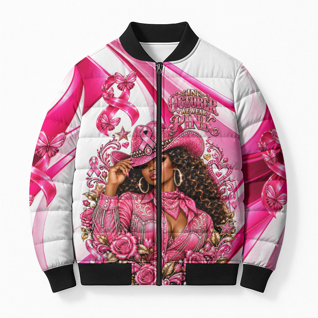 Black Cowgirl Breast Cancer Awareness Bomber Puffer Jacket Western Pink Ribbon Butterfly Rose - In October We Wear Pink