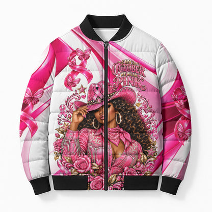 Black Cowgirl Breast Cancer Awareness Bomber Puffer Jacket Western Pink Ribbon Butterfly Rose - In October We Wear Pink