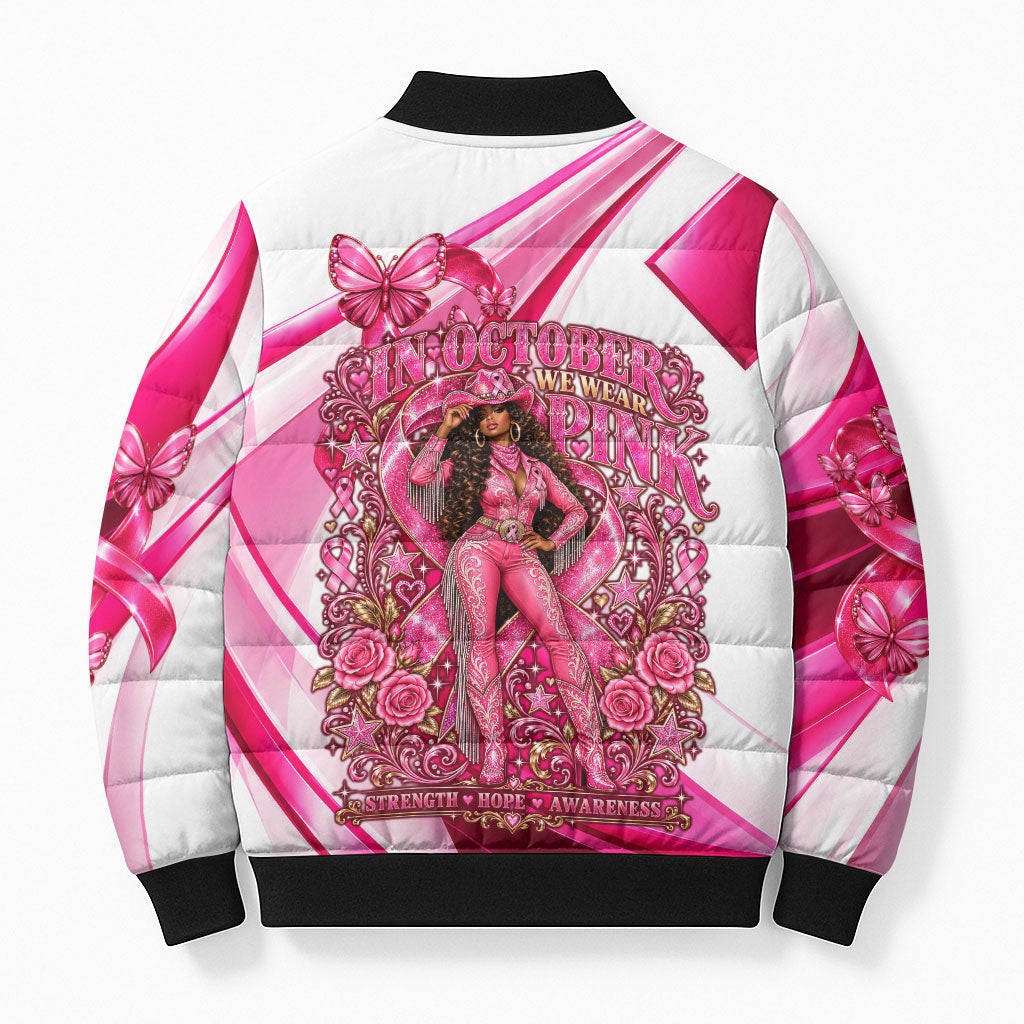 Black Cowgirl Breast Cancer Awareness Bomber Puffer Jacket Western Pink Ribbon Butterfly Rose - In October We Wear Pink
