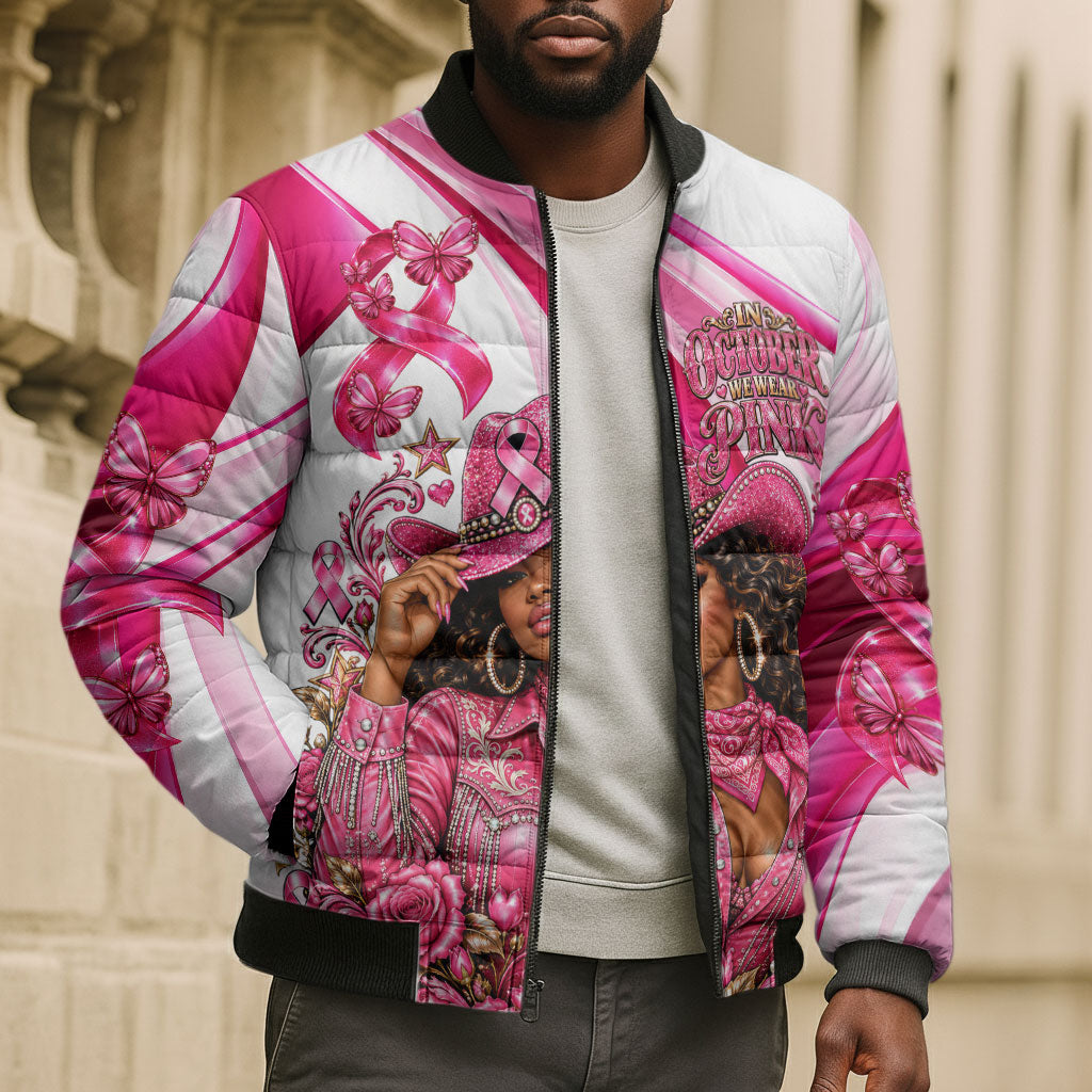 Black Cowgirl Breast Cancer Awareness Bomber Puffer Jacket Western Pink Ribbon Butterfly Rose - In October We Wear Pink