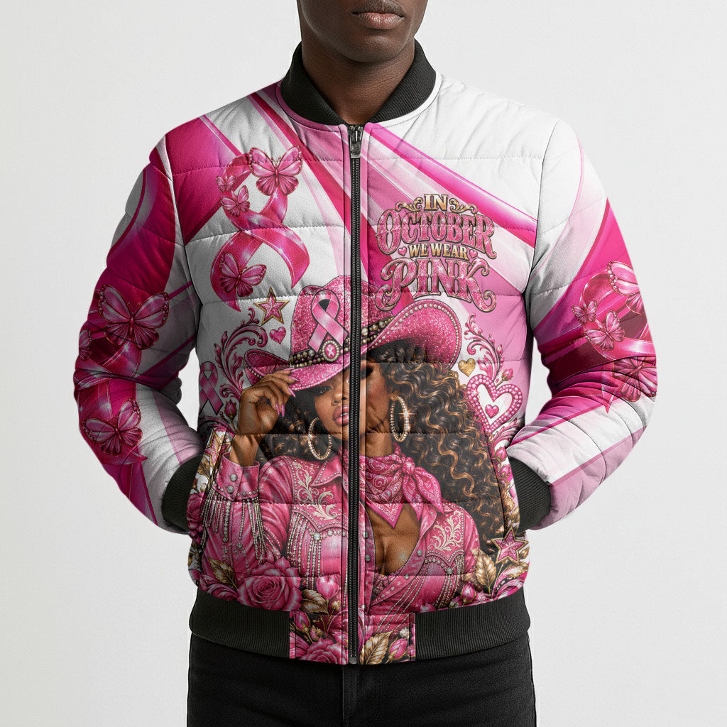 Black Cowgirl Breast Cancer Awareness Bomber Puffer Jacket Western Pink Ribbon Butterfly Rose - In October We Wear Pink