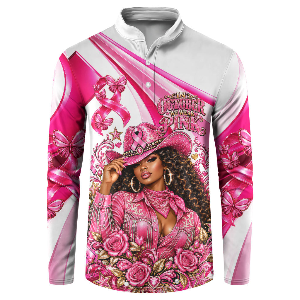 Black Cowgirl Breast Cancer Awareness Button Sweatshirt Western Pink Ribbon Butterfly Rose - In October We Wear Pink