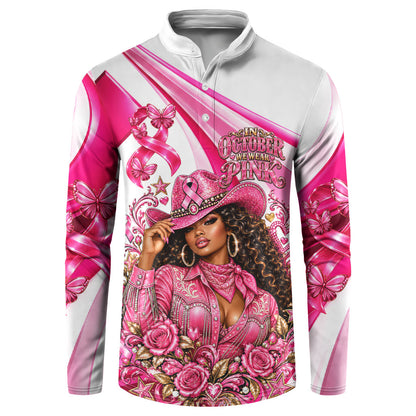 Black Cowgirl Breast Cancer Awareness Button Sweatshirt Western Pink Ribbon Butterfly Rose - In October We Wear Pink