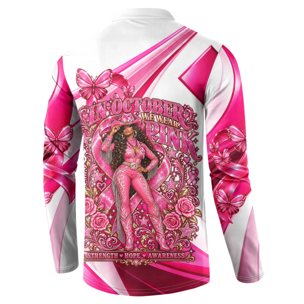 Black Cowgirl Breast Cancer Awareness Button Sweatshirt Western Pink Ribbon Butterfly Rose - In October We Wear Pink