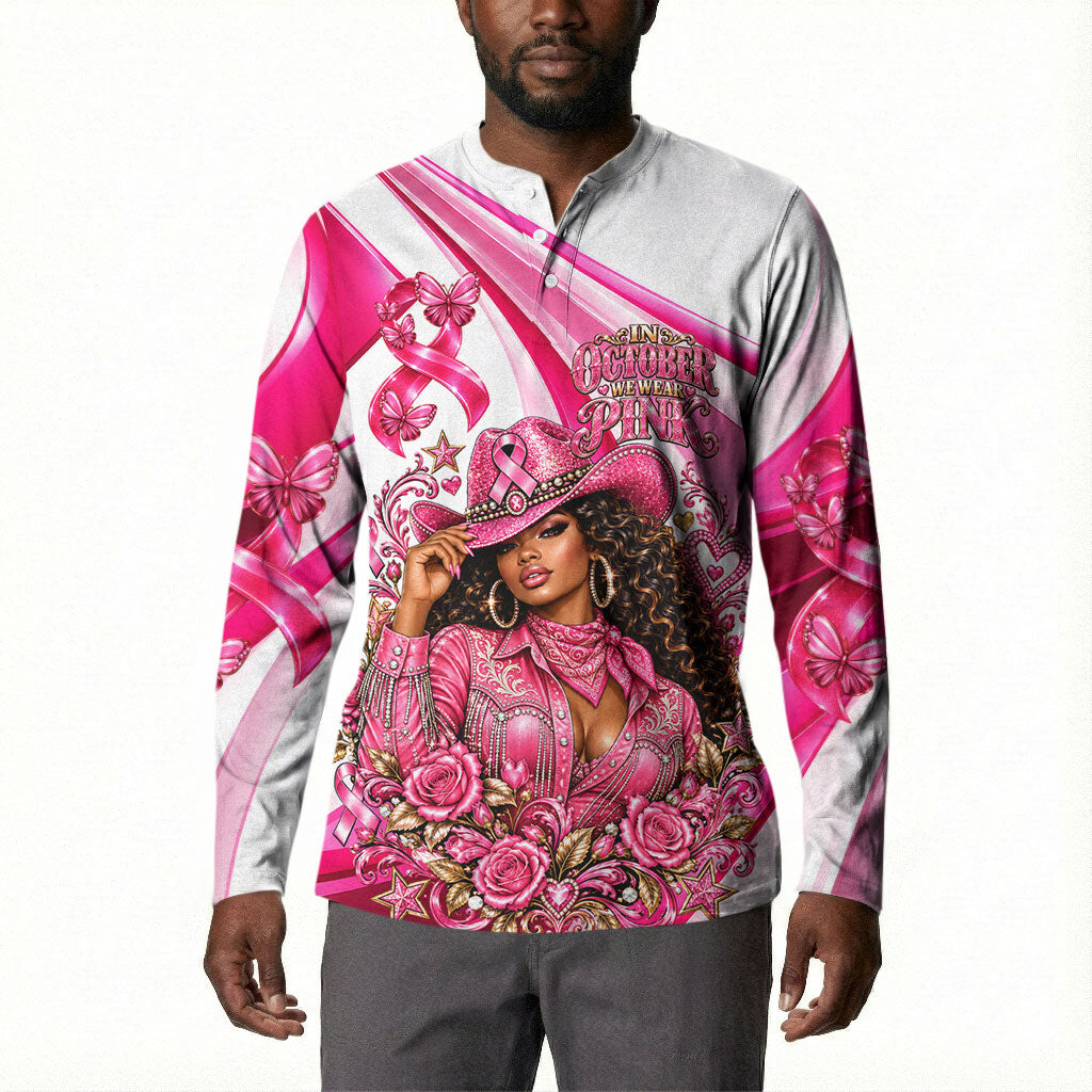 Black Cowgirl Breast Cancer Awareness Button Sweatshirt Western Pink Ribbon Butterfly Rose - In October We Wear Pink