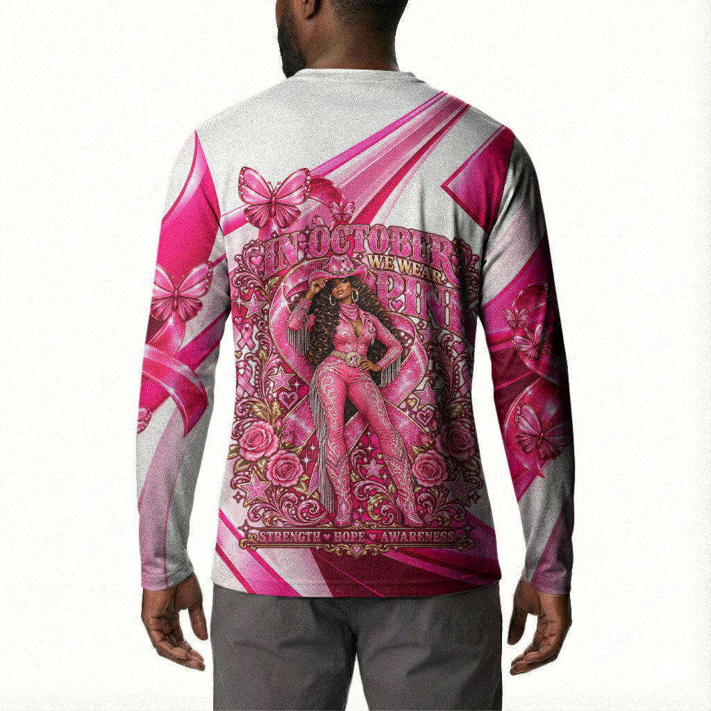 Black Cowgirl Breast Cancer Awareness Button Sweatshirt Western Pink Ribbon Butterfly Rose - In October We Wear Pink