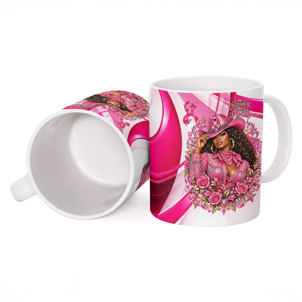 Black Cowgirl Breast Cancer Awareness Ceramic Mug Western Pink Ribbon Butterfly Rose - In October We Wear Pink