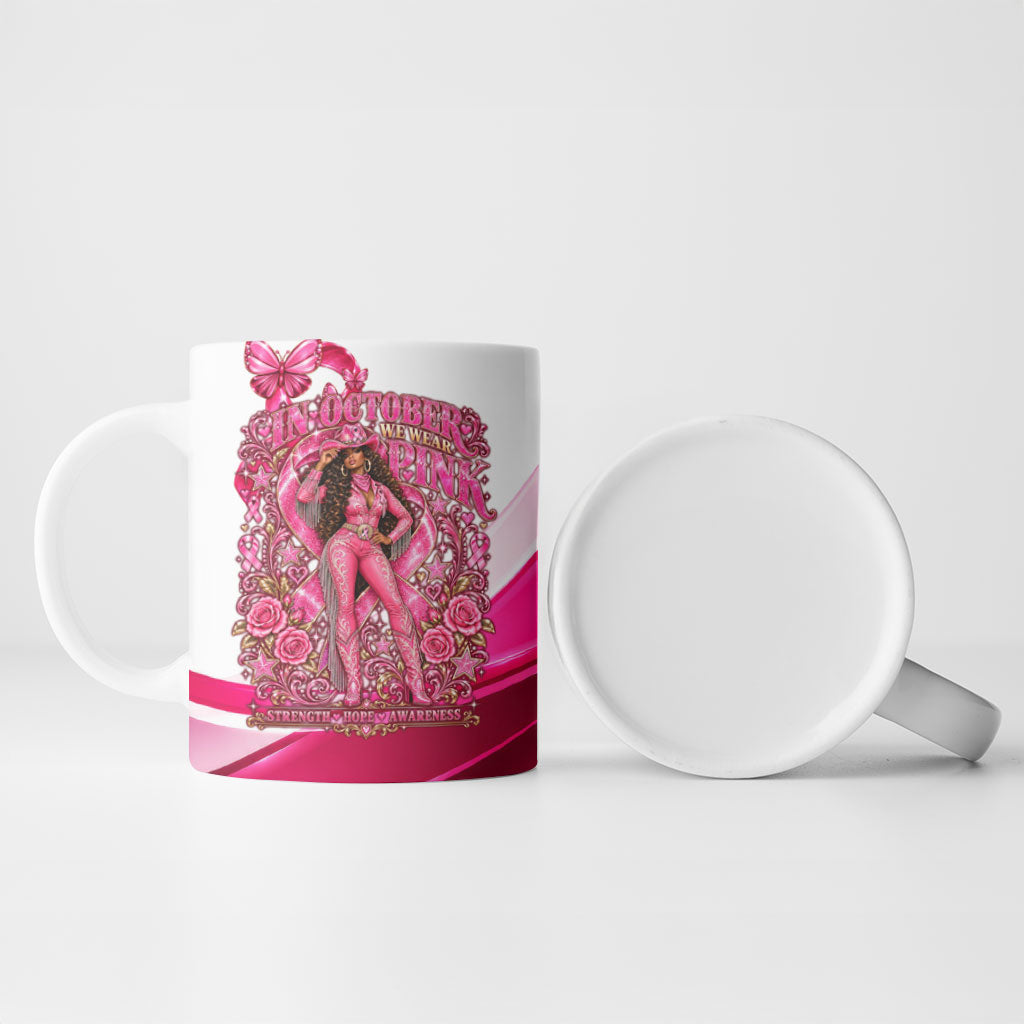 Black Cowgirl Breast Cancer Awareness Ceramic Mug Western Pink Ribbon Butterfly Rose - In October We Wear Pink