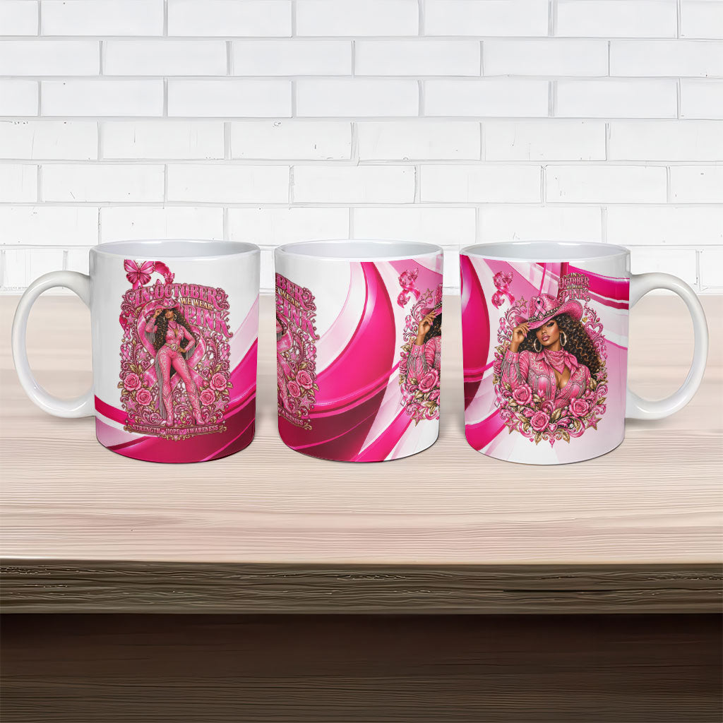 Black Cowgirl Breast Cancer Awareness Ceramic Mug Western Pink Ribbon Butterfly Rose - In October We Wear Pink