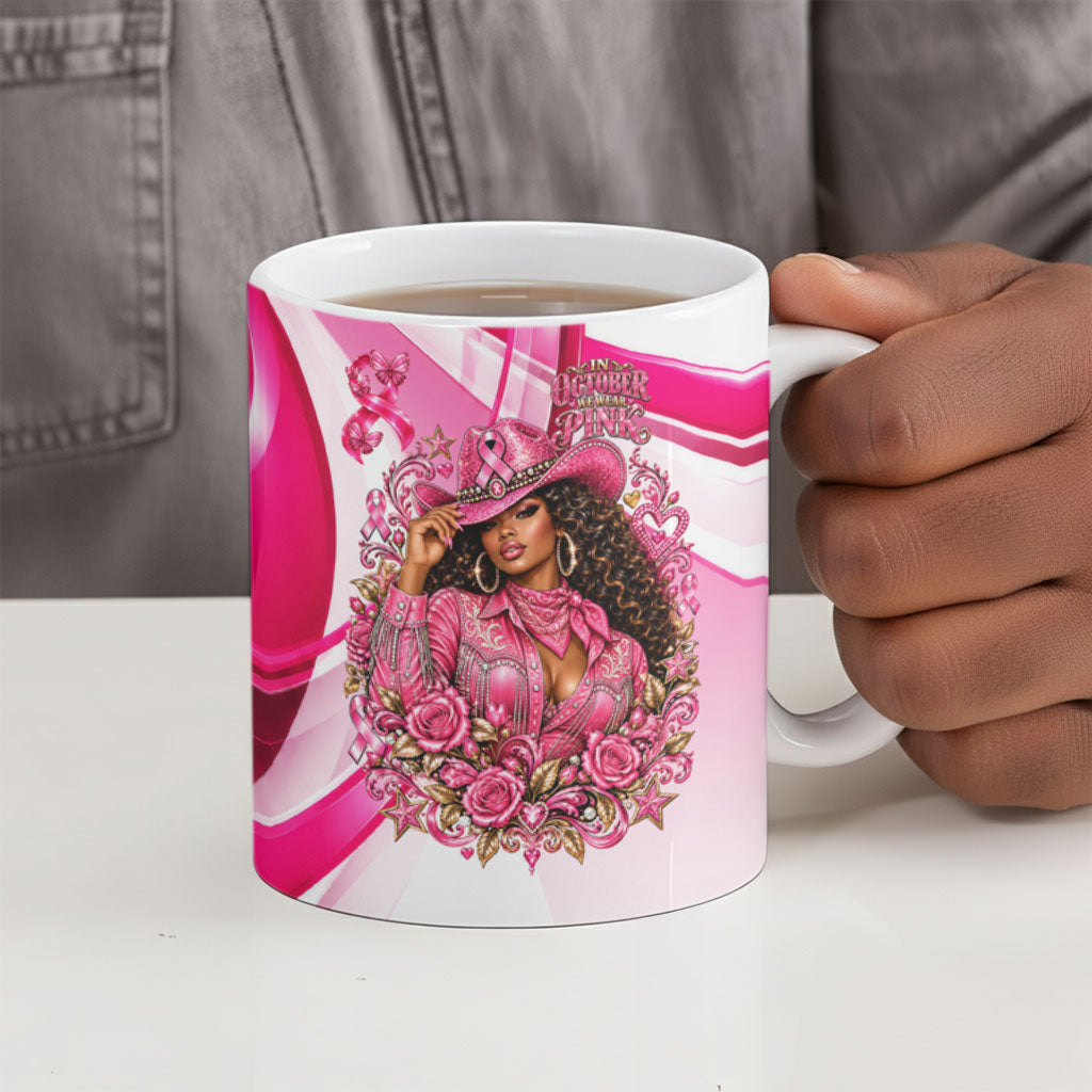 Black Cowgirl Breast Cancer Awareness Ceramic Mug Western Pink Ribbon Butterfly Rose - In October We Wear Pink